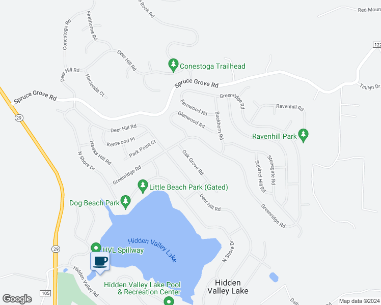 map of restaurants, bars, coffee shops, grocery stores, and more near 18640 Oak Grove Road in Hidden Valley Lake