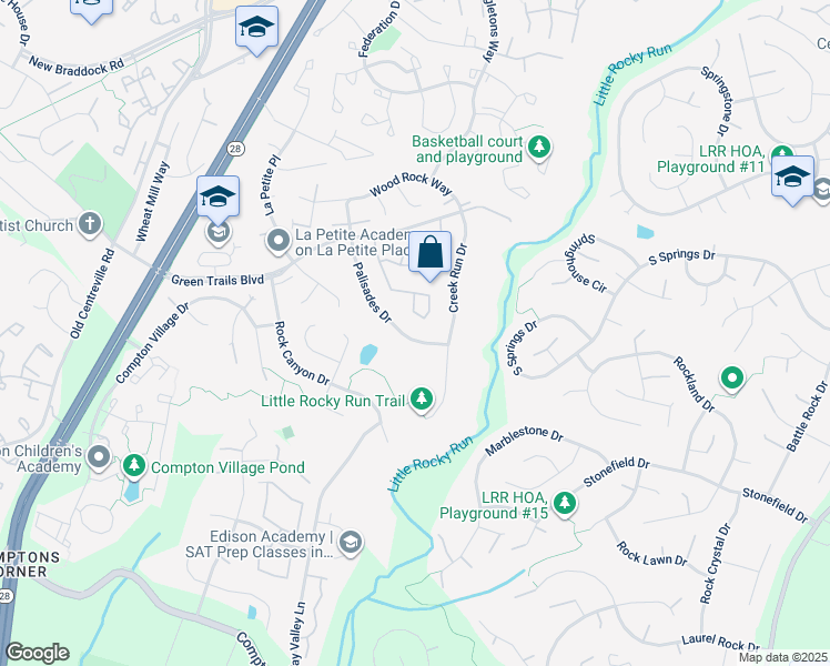 map of restaurants, bars, coffee shops, grocery stores, and more near 6563 Palisades Drive in Centreville