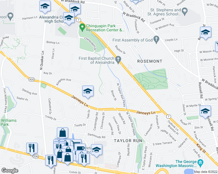 map of restaurants, bars, coffee shops, grocery stores, and more near 3006 Bryan Street in Alexandria