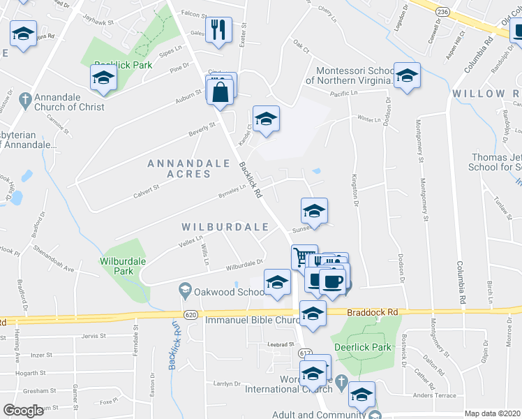 map of restaurants, bars, coffee shops, grocery stores, and more near 4912 Backlick Road in Annandale