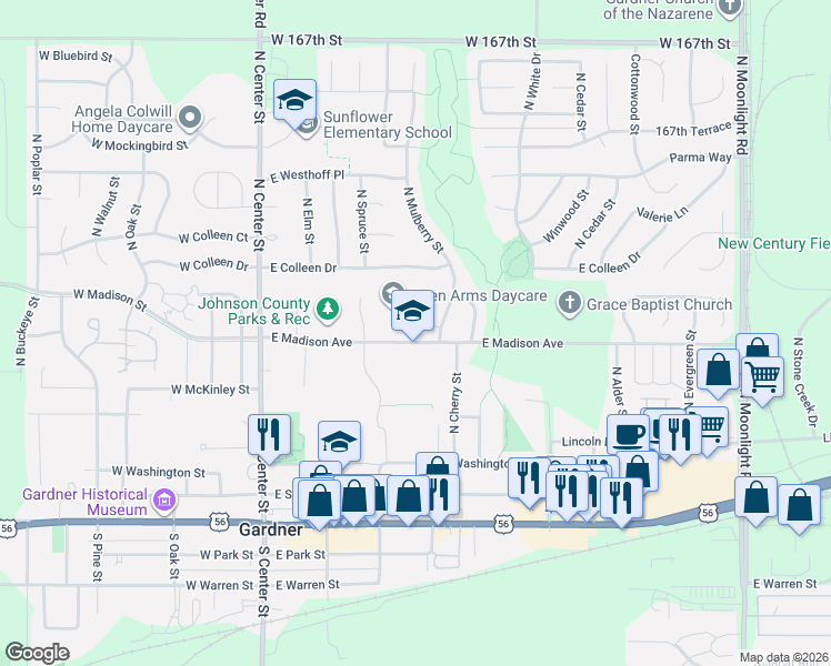 map of restaurants, bars, coffee shops, grocery stores, and more near 414 North Mulberry Court in Gardner