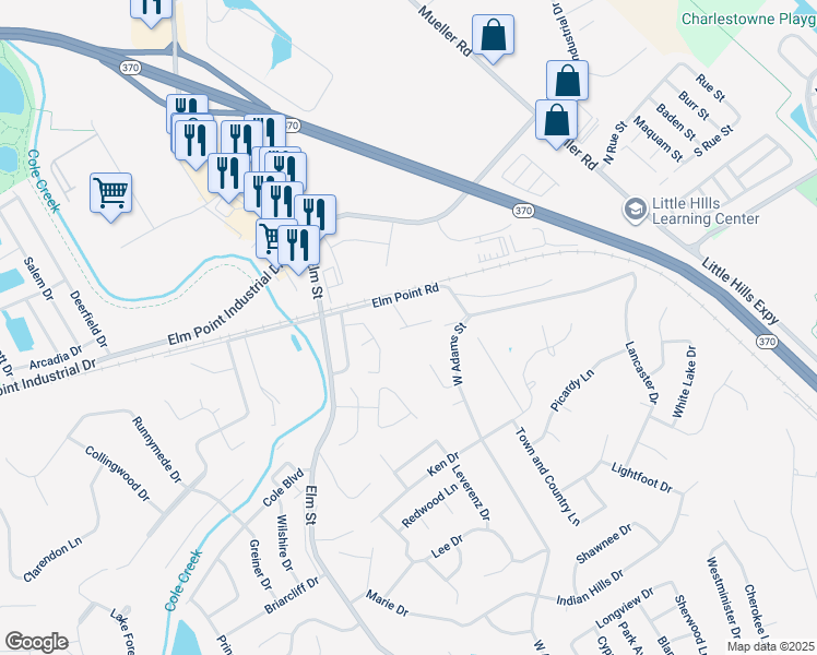 map of restaurants, bars, coffee shops, grocery stores, and more near 3538 Grandview Court in Saint Charles