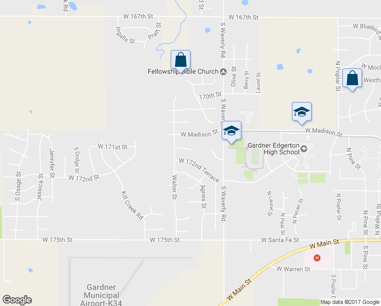 map of restaurants, bars, coffee shops, grocery stores, and more near 31321 West 172nd Street in Gardner