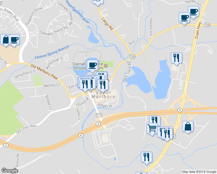 map of restaurants, bars, coffee shops, grocery stores, and more near 14803 Pratt Street in Upper Marlboro