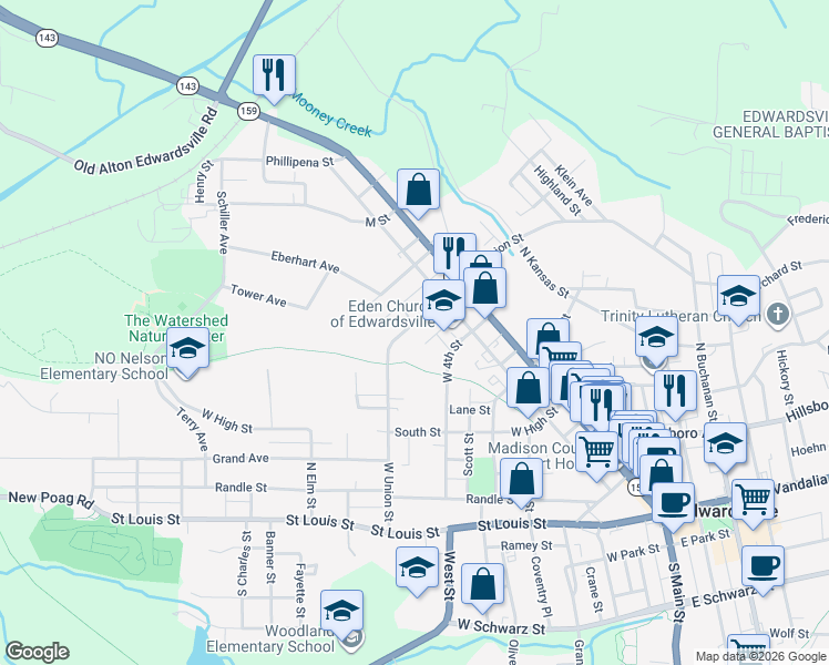 map of restaurants, bars, coffee shops, grocery stores, and more near 240 West Union Street in Edwardsville
