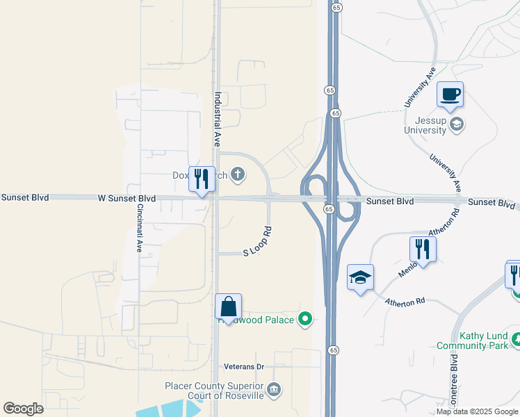 map of restaurants, bars, coffee shops, grocery stores, and more near 1121 West Sunset Boulevard in Rocklin