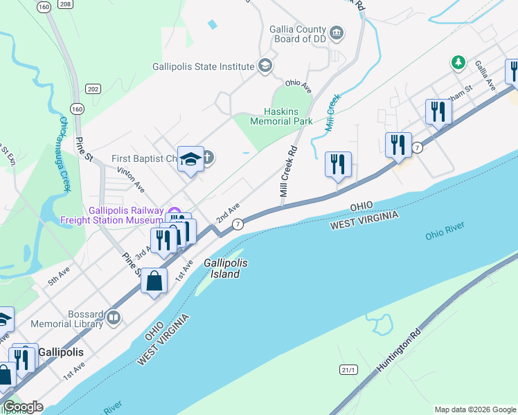 map of restaurants, bars, coffee shops, grocery stores, and more near 1110 1st Avenue in Gallipolis