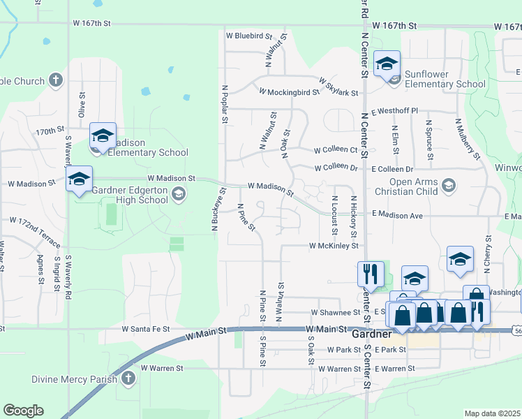 map of restaurants, bars, coffee shops, grocery stores, and more near 375 North Pine Street in Gardner