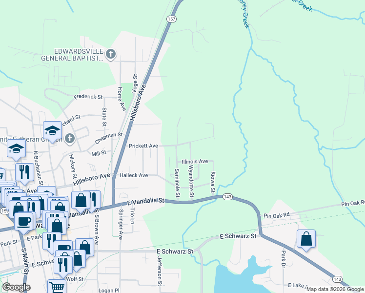 map of restaurants, bars, coffee shops, grocery stores, and more near 1010 Prickett Avenue in Edwardsville