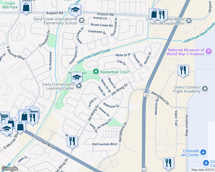 map of restaurants, bars, coffee shops, grocery stores, and more near 1051 Nolte Drive West in Colorado Springs