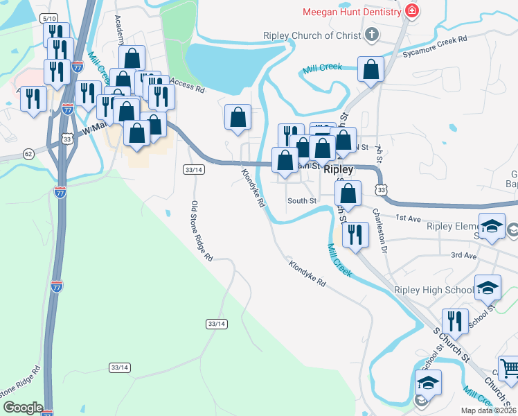 map of restaurants, bars, coffee shops, grocery stores, and more near 164 Klondyke Road in Ripley