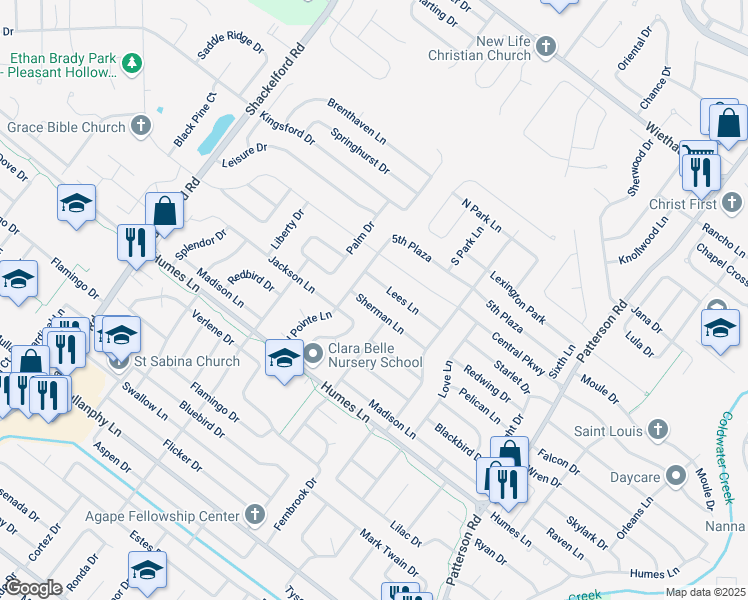 map of restaurants, bars, coffee shops, grocery stores, and more near 1135 Sherman Lane in Florissant