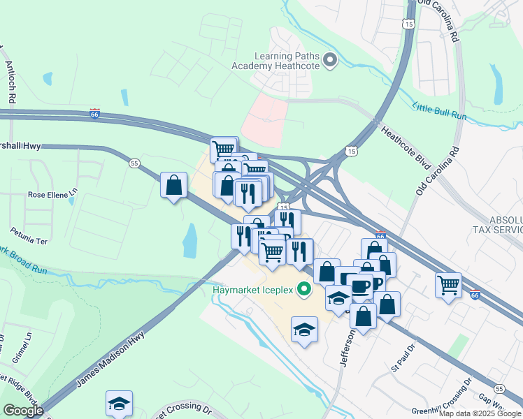 map of restaurants, bars, coffee shops, grocery stores, and more near Trading Square in Prince William County