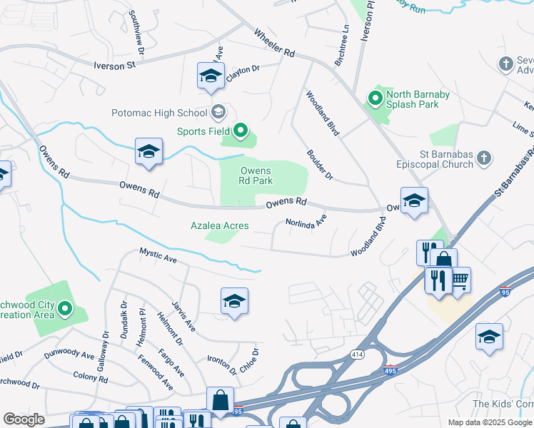 map of restaurants, bars, coffee shops, grocery stores, and more near 1911 Owens Road in Oxon Hill-Glassmanor