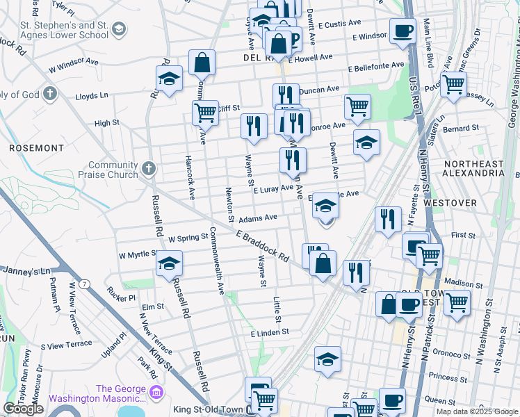 map of restaurants, bars, coffee shops, grocery stores, and more near 203 East Glendale Avenue in Alexandria