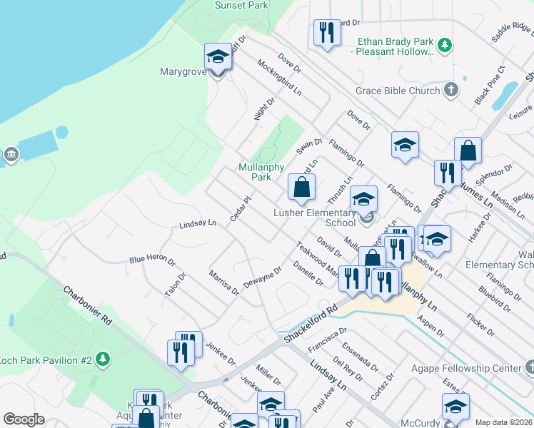 map of restaurants, bars, coffee shops, grocery stores, and more near 2405 Teakwood Manor Drive in Florissant