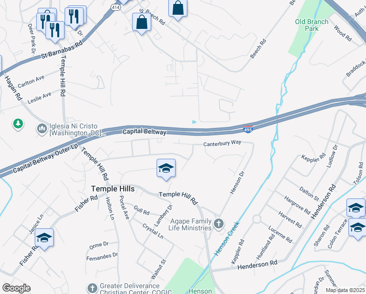 map of restaurants, bars, coffee shops, grocery stores, and more near 3909 Canterbury Way in Temple Hills