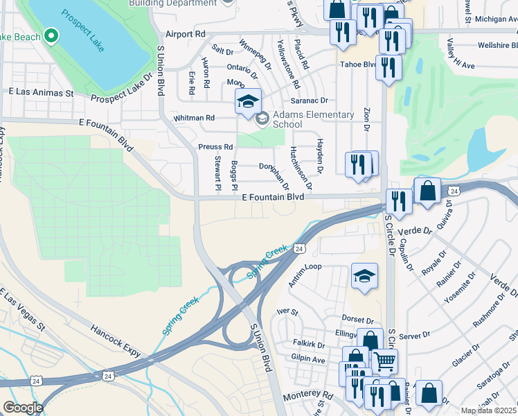 map of restaurants, bars, coffee shops, grocery stores, and more near 2125 East Fountain Boulevard in Colorado Springs