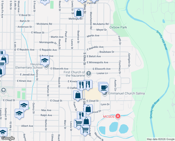 map of restaurants, bars, coffee shops, grocery stores, and more near 1200 East Ellsworth Avenue in Salina