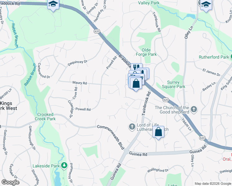 map of restaurants, bars, coffee shops, grocery stores, and more near 9601 Jenny Lane in Fairfax