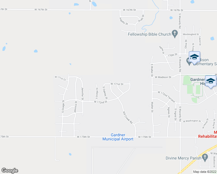 map of restaurants, bars, coffee shops, grocery stores, and more near 17164 South Kill Creek Road in Gardner