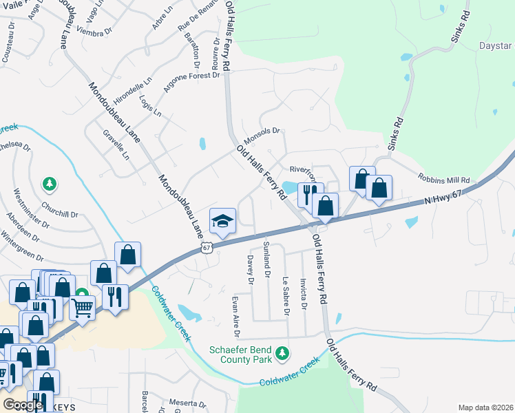 map of restaurants, bars, coffee shops, grocery stores, and more near 14226 Ashbury Meadows Drive in Florissant