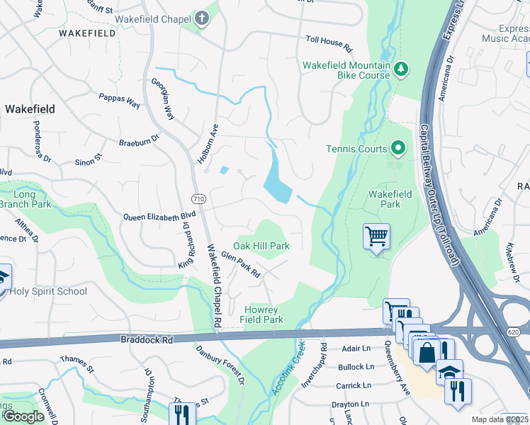 map of restaurants, bars, coffee shops, grocery stores, and more near 8349 Queen Elizabeth Boulevard in Annandale