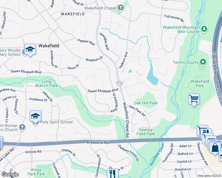 map of restaurants, bars, coffee shops, grocery stores, and more near 4906 King Richard Drive in Annandale