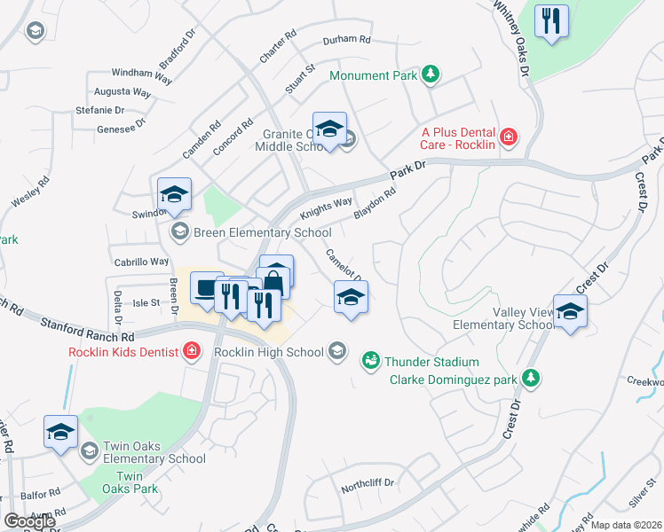 map of restaurants, bars, coffee shops, grocery stores, and more near 3220 Camelot Drive in Rocklin