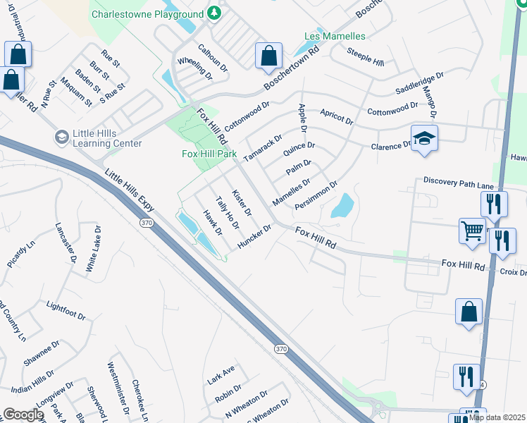 map of restaurants, bars, coffee shops, grocery stores, and more near 3109 Fox Hill Road in Saint Charles