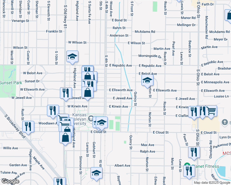 map of restaurants, bars, coffee shops, grocery stores, and more near 1300-1398 Osborne Street in Salina