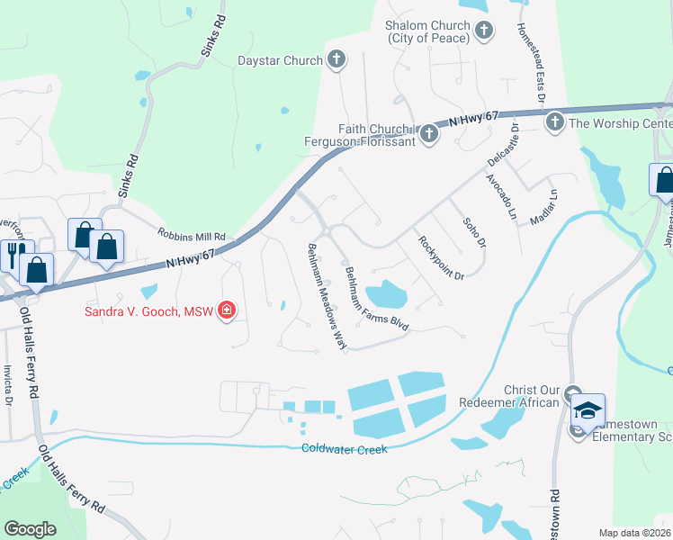 map of restaurants, bars, coffee shops, grocery stores, and more near 4561 Behlmann Farms Boulevard in Florissant