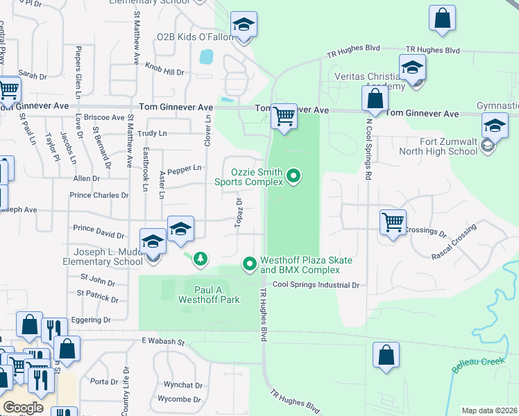 map of restaurants, bars, coffee shops, grocery stores, and more near 10 Zircon Court in O'Fallon