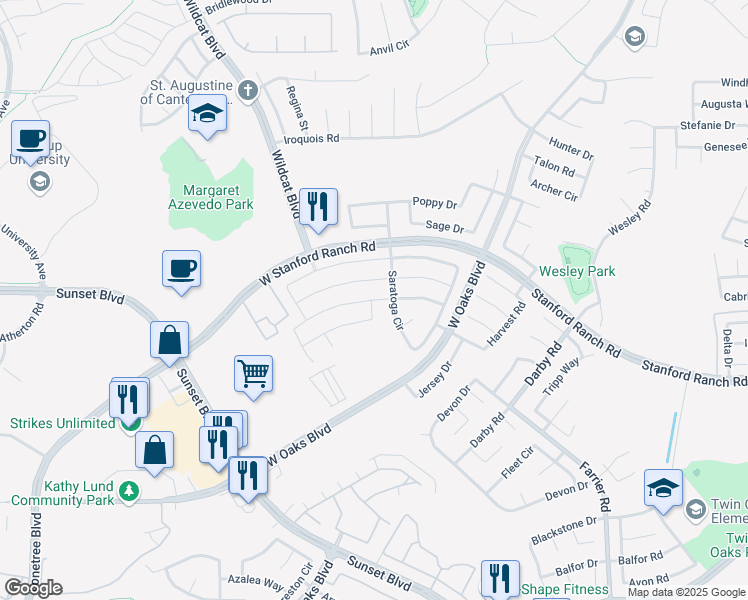 map of restaurants, bars, coffee shops, grocery stores, and more near 1610 Monroe Way in Rocklin