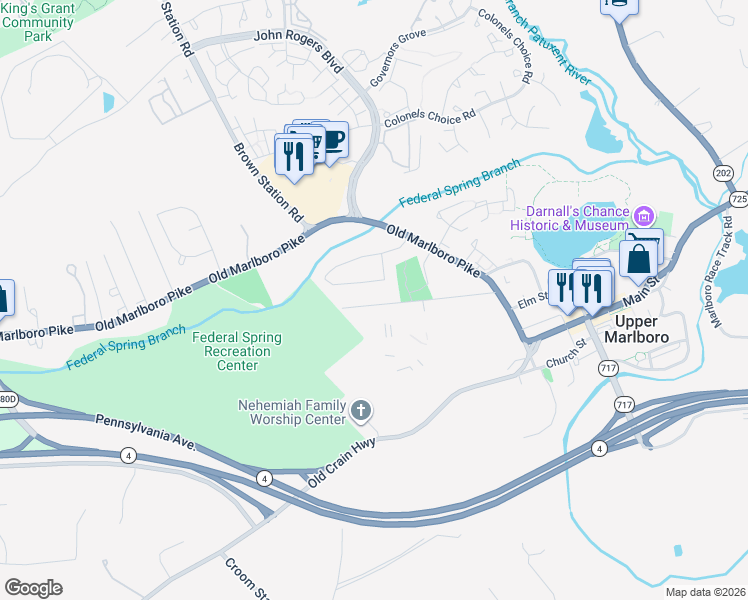 map of restaurants, bars, coffee shops, grocery stores, and more near 14104 Rectory Lane in Upper Marlboro