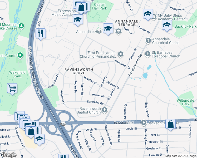 map of restaurants, bars, coffee shops, grocery stores, and more near 7705 Heritage Drive in Annandale