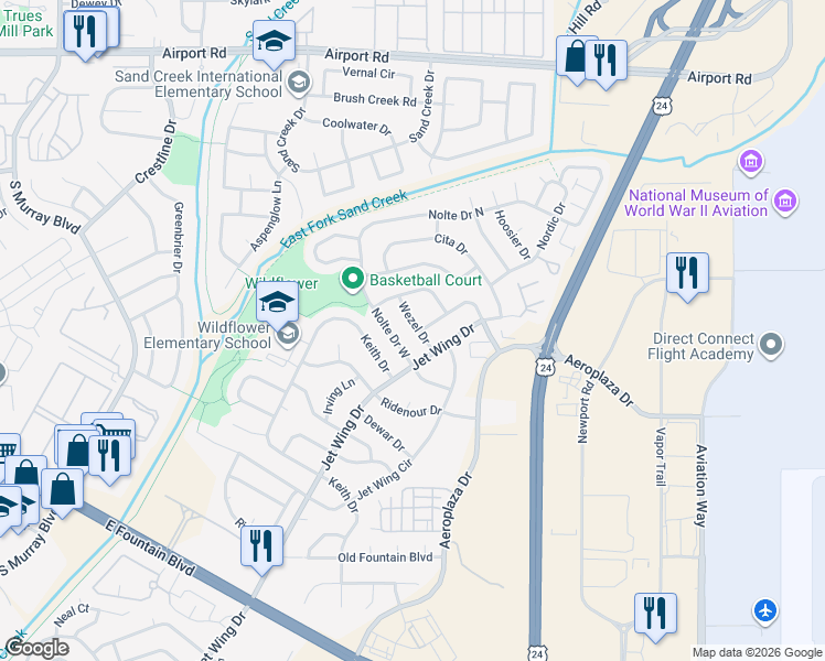 map of restaurants, bars, coffee shops, grocery stores, and more near 1096 Wernimont Circle in Colorado Springs