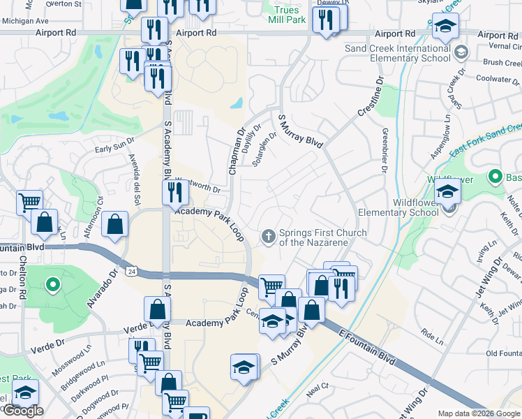 map of restaurants, bars, coffee shops, grocery stores, and more near 1037 Tyre Heights in Colorado Springs