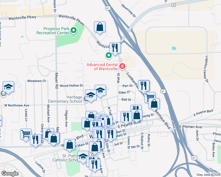 map of restaurants, bars, coffee shops, grocery stores, and more near 329 Park Lane in Wentzville