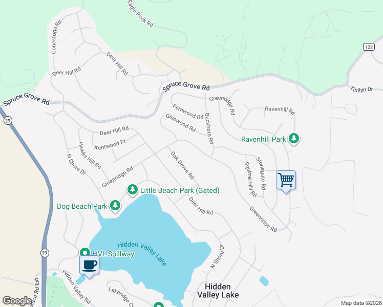 map of restaurants, bars, coffee shops, grocery stores, and more near 17432 Greenridge Road in Hidden Valley Lake