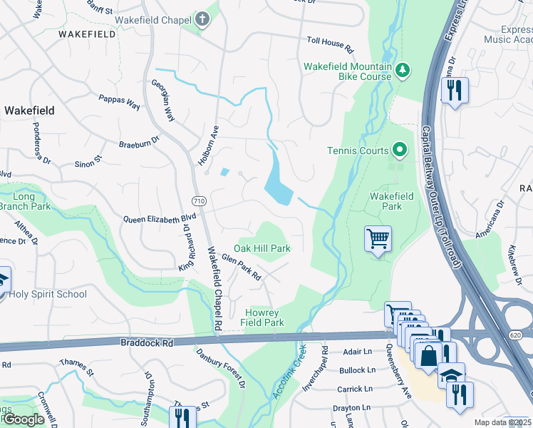 map of restaurants, bars, coffee shops, grocery stores, and more near 8349 Queen Elizabeth Boulevard in Annandale