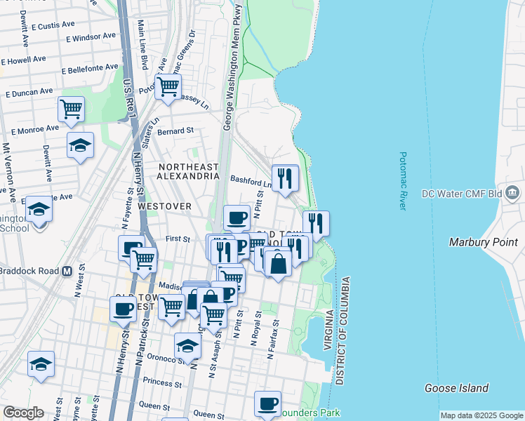 map of restaurants, bars, coffee shops, grocery stores, and more near 1115 North Pitt Street in Alexandria