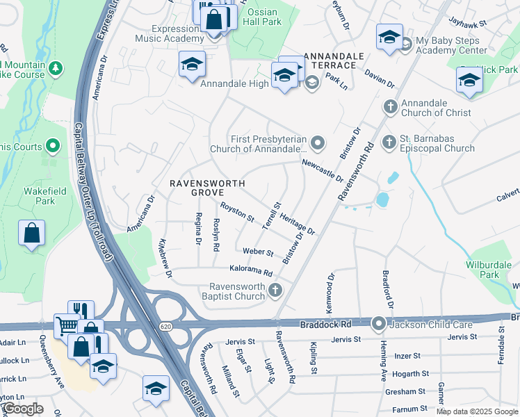 map of restaurants, bars, coffee shops, grocery stores, and more near 7705 Heritage Drive in Annandale