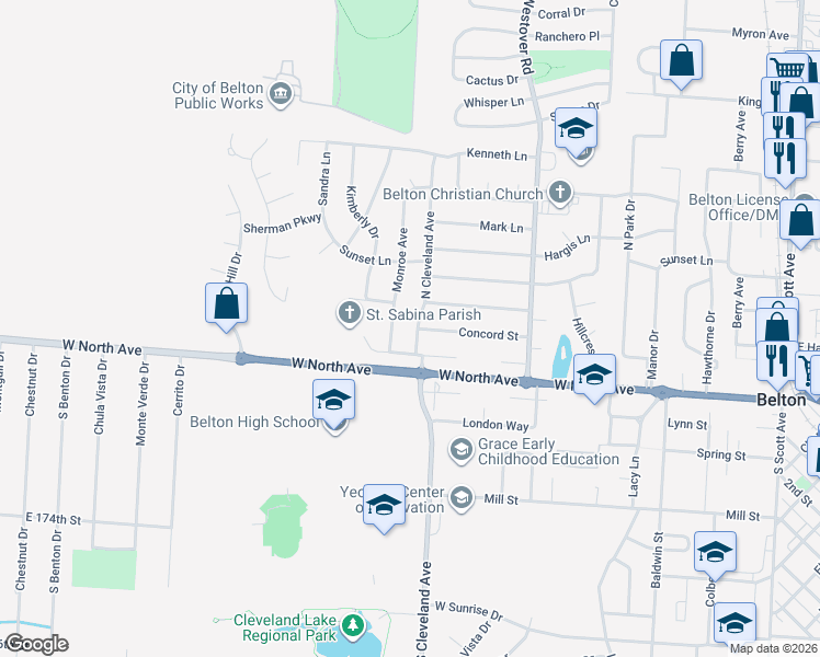 map of restaurants, bars, coffee shops, grocery stores, and more near 111 North Cleveland Avenue in Belton