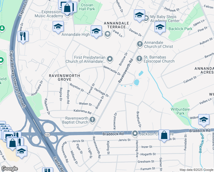 map of restaurants, bars, coffee shops, grocery stores, and more near 4914 Bristow Drive in Annandale