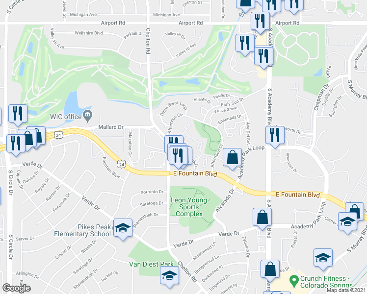map of restaurants, bars, coffee shops, grocery stores, and more near 1001 Palacio View in Colorado Springs
