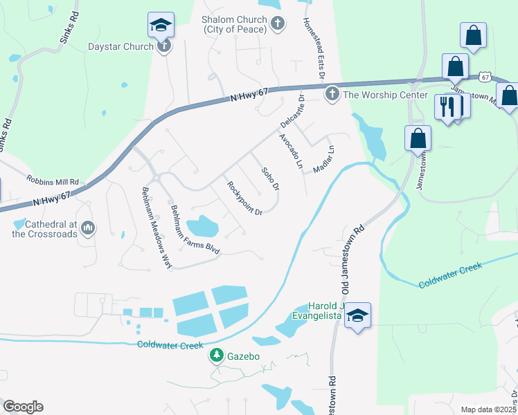 map of restaurants, bars, coffee shops, grocery stores, and more near 14459 Rockypoint Drive in Florissant