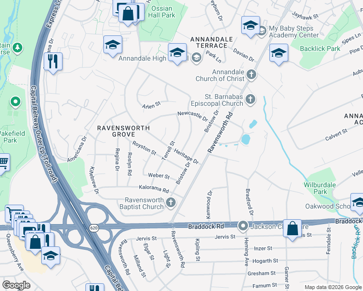 map of restaurants, bars, coffee shops, grocery stores, and more near 4918 Erie Street in Annandale