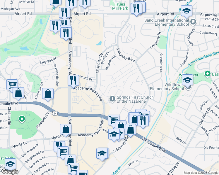 map of restaurants, bars, coffee shops, grocery stores, and more near 1037 Tyre Heights in Colorado Springs