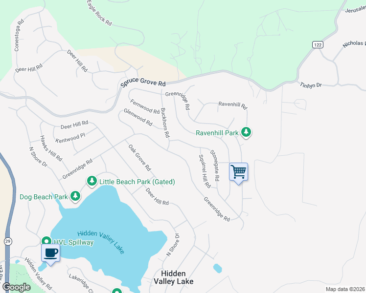 map of restaurants, bars, coffee shops, grocery stores, and more near 18911 Stonegate Road in Hidden Valley Lake